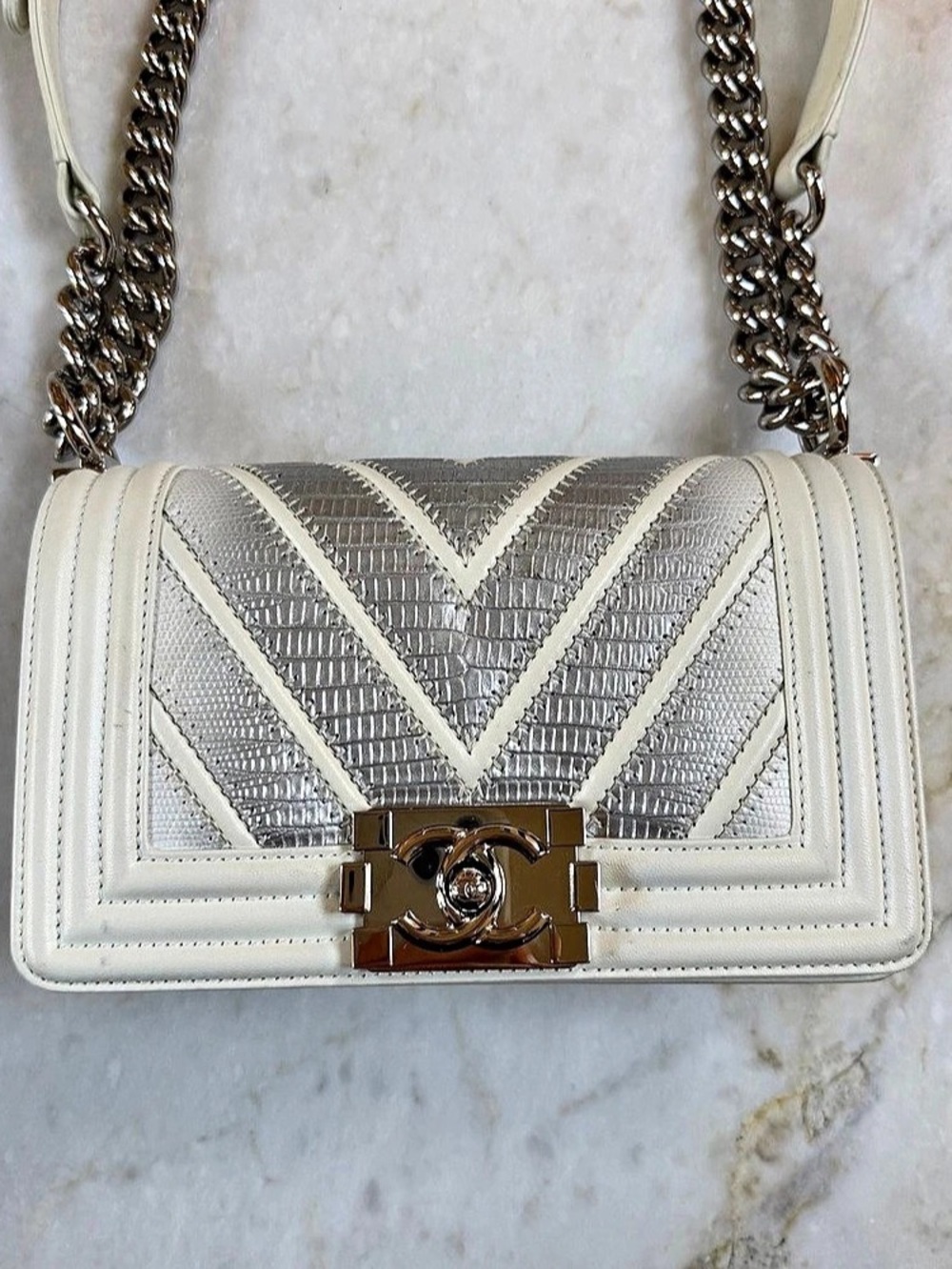 Authentic Chanel Boy Flap Bag Chevron Metallic Lizard and Calfskin Old Medium